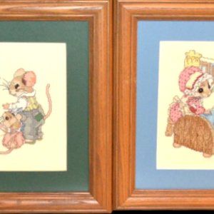 2 Framed With Glass Fronts Handmade Cross Stitch Pieces Cute Mice Wall Art Decor